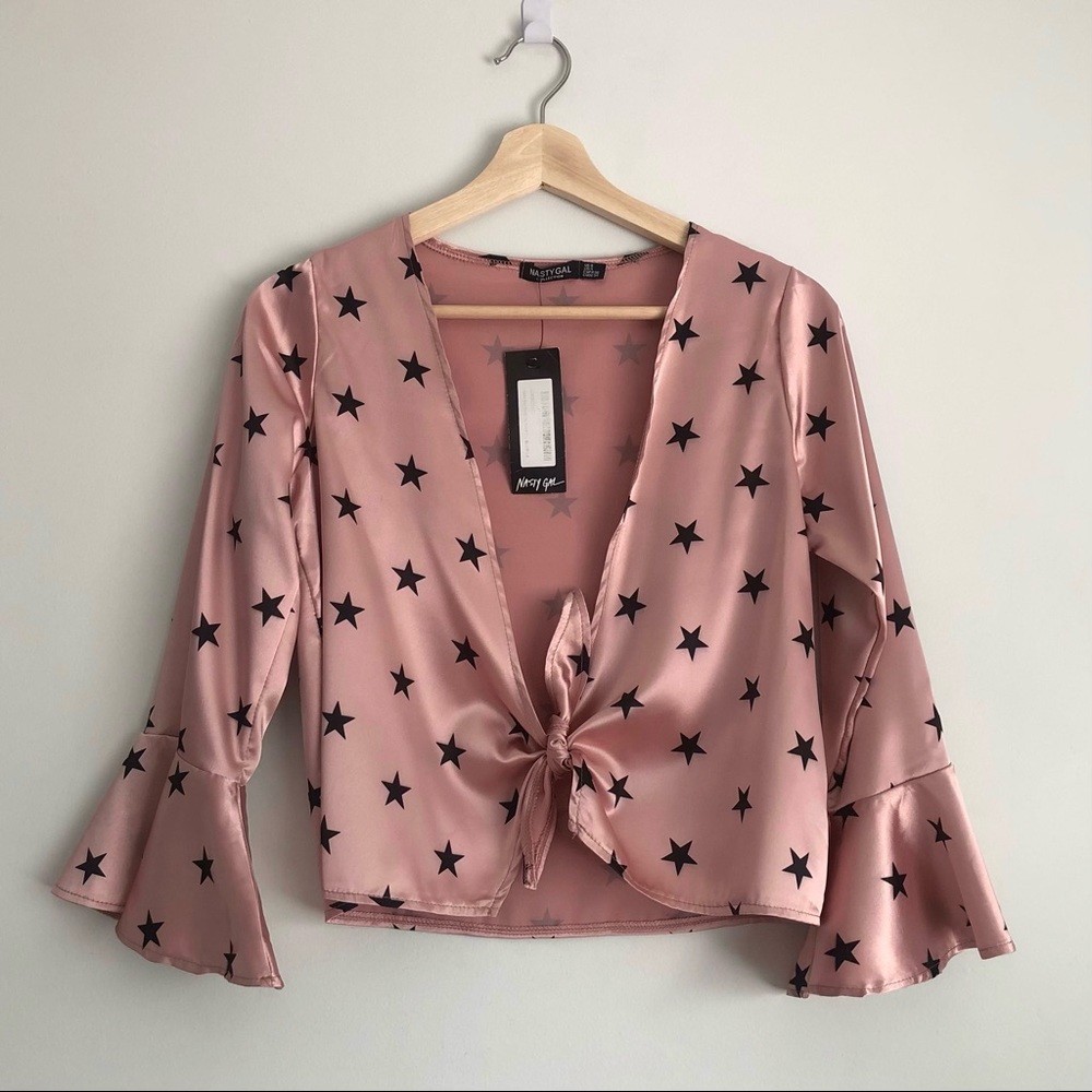 Flared Sleeve Blush Pink Star Tie Satin Top NWT (DEFECTED)